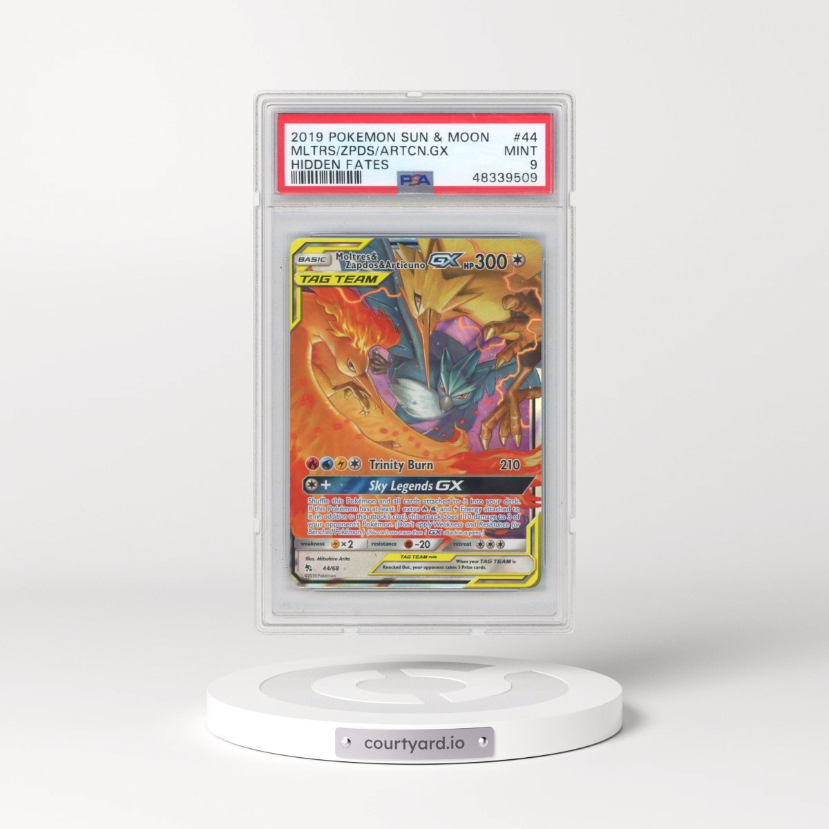 2019 Pokémon Sun & Moon Hidden Fates #44 Moltres & Zapdos & Articuno GX - Holo (PSA 9 MINT)