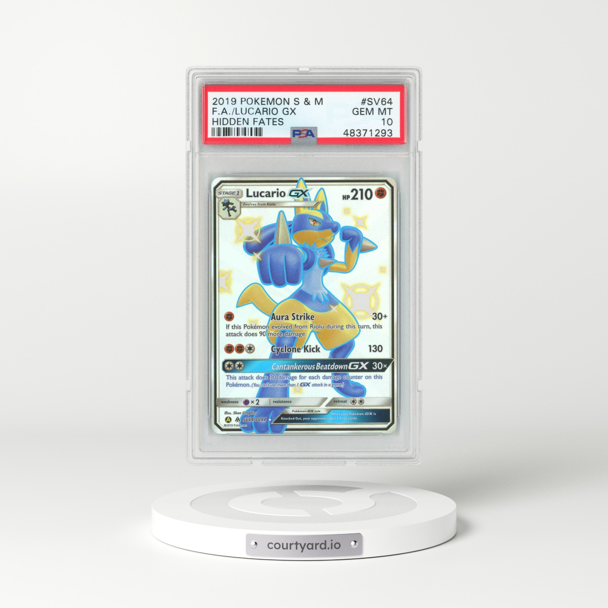2019 Hidden Fates #SV64 Lucario GX - Full Art Holo (PSA 10 GEM MINT)