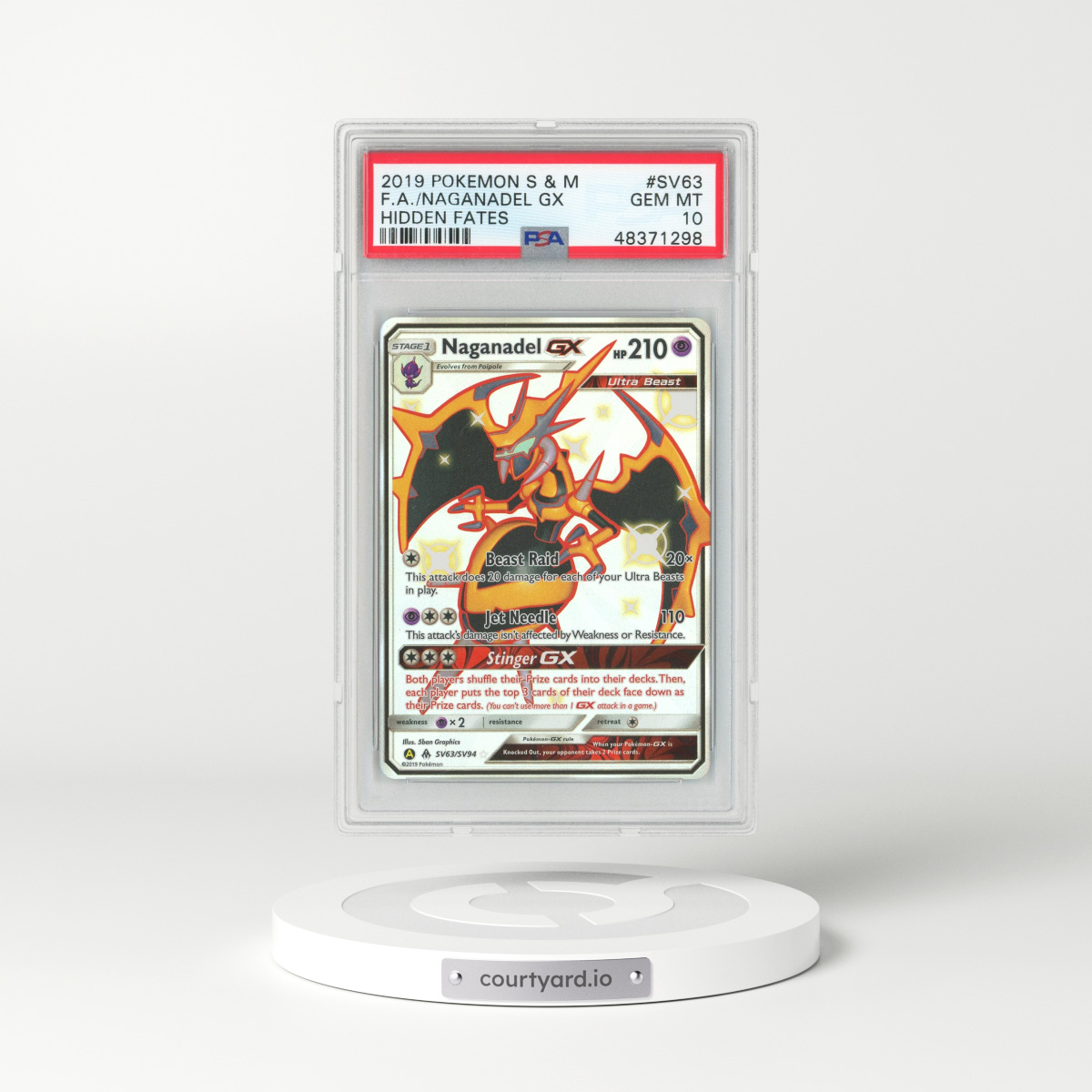 2019 Hidden Fates #SV63 Naganadel GX - Full Art Holo (PSA 10 GEM MINT)
