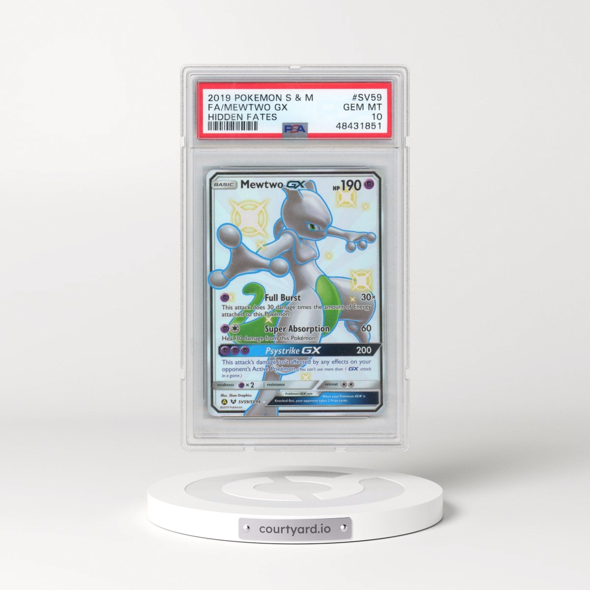 2019 Pokémon Sun & Moon Hidden Fates #SV59 Mewtwo GX - Holo Full Art (PSA 10 GEM MINT)
