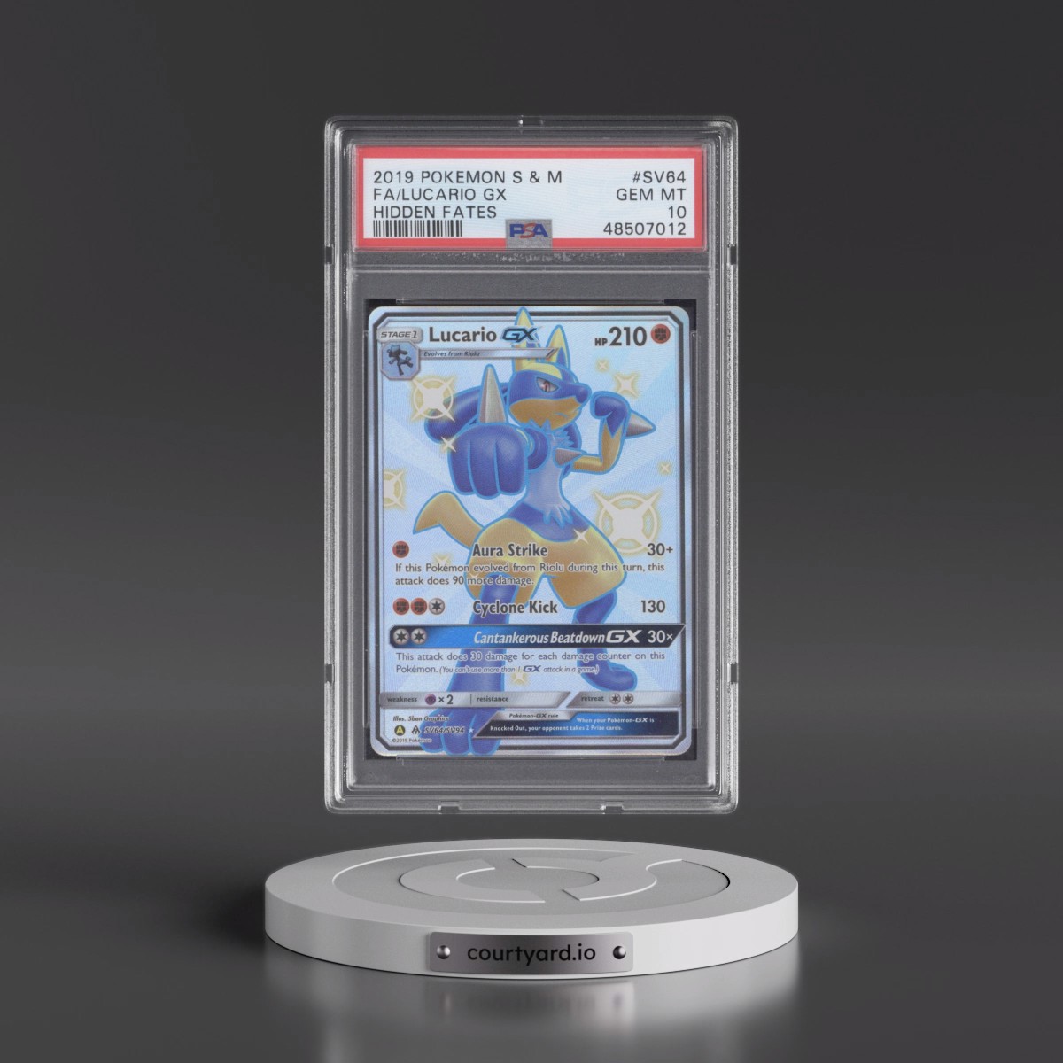 2019 Pokémon Sun & Moon Hidden Fates #SV64 Lucario GX - Holo Full Art (PSA 10 GEM MINT)