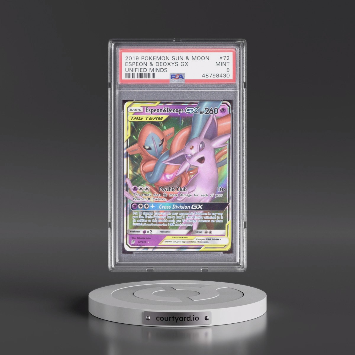 2019 Pokémon Sun & Moon Unified Minds #72 Espeon & Deoxys GX - Holo (PSA 9 MINT)