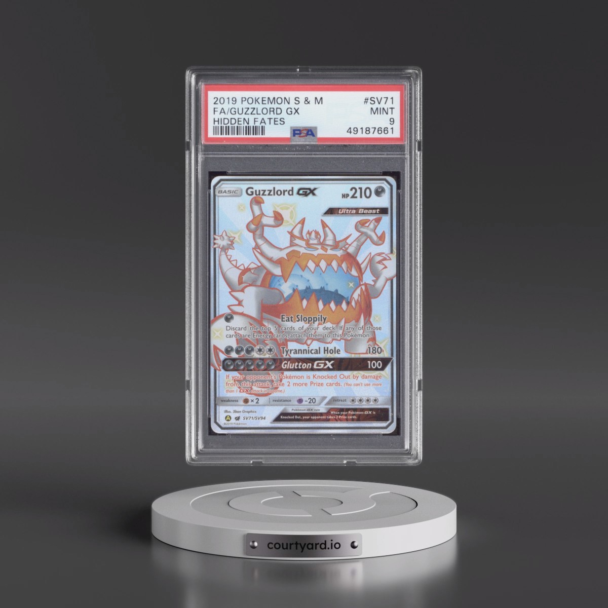 2019 Pokémon Sun & Moon Hidden Fates #SV71 Guzzlord GX - Holo Full Art (PSA 9 MINT)