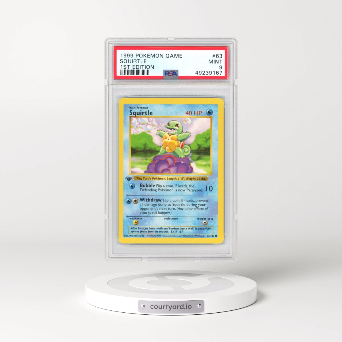 1999 Base Set #63 Squirtle - 1st Edition Shadowless (PSA 9 MINT)