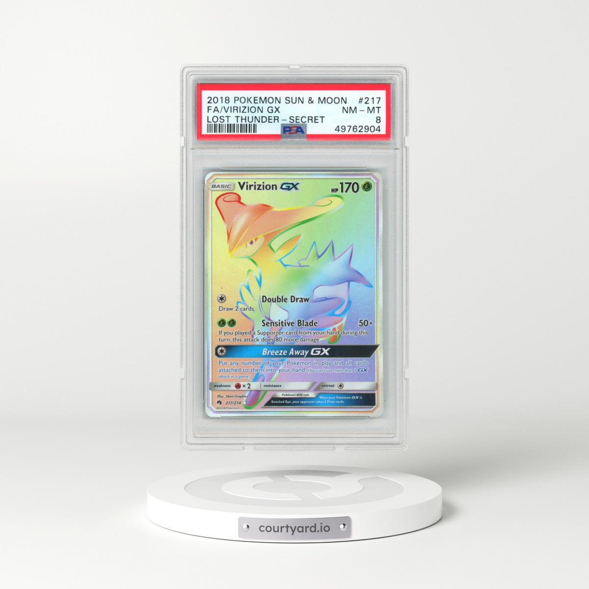2018 Pokémon Sun & Moon Lost Thunder #217 Virizion GX - Holo Full Art Secret (PSA 8 NM-MT)