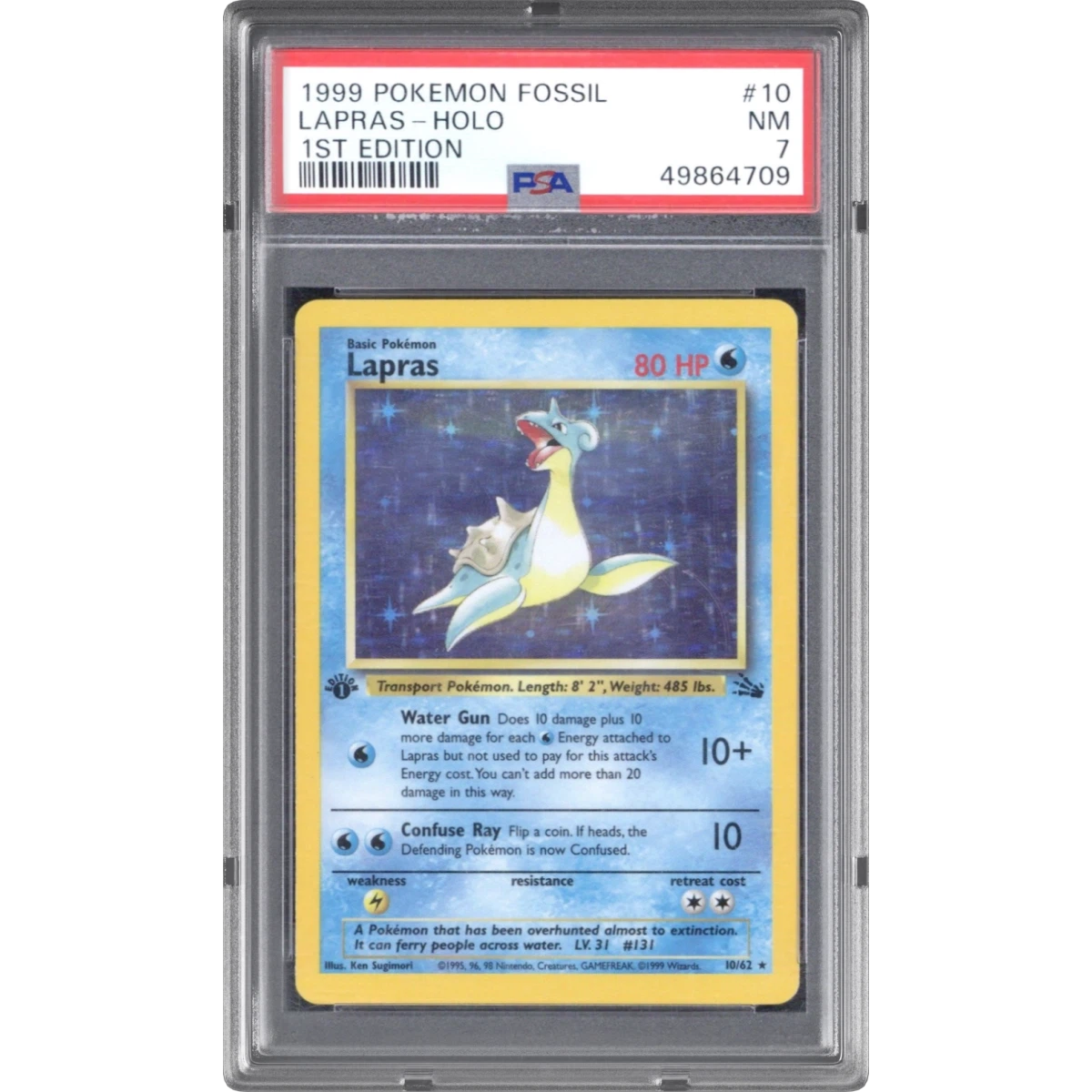 1999 Pokémon Fossil #10 Lapras - 1st Edition Holo (PSA 7 NM)
