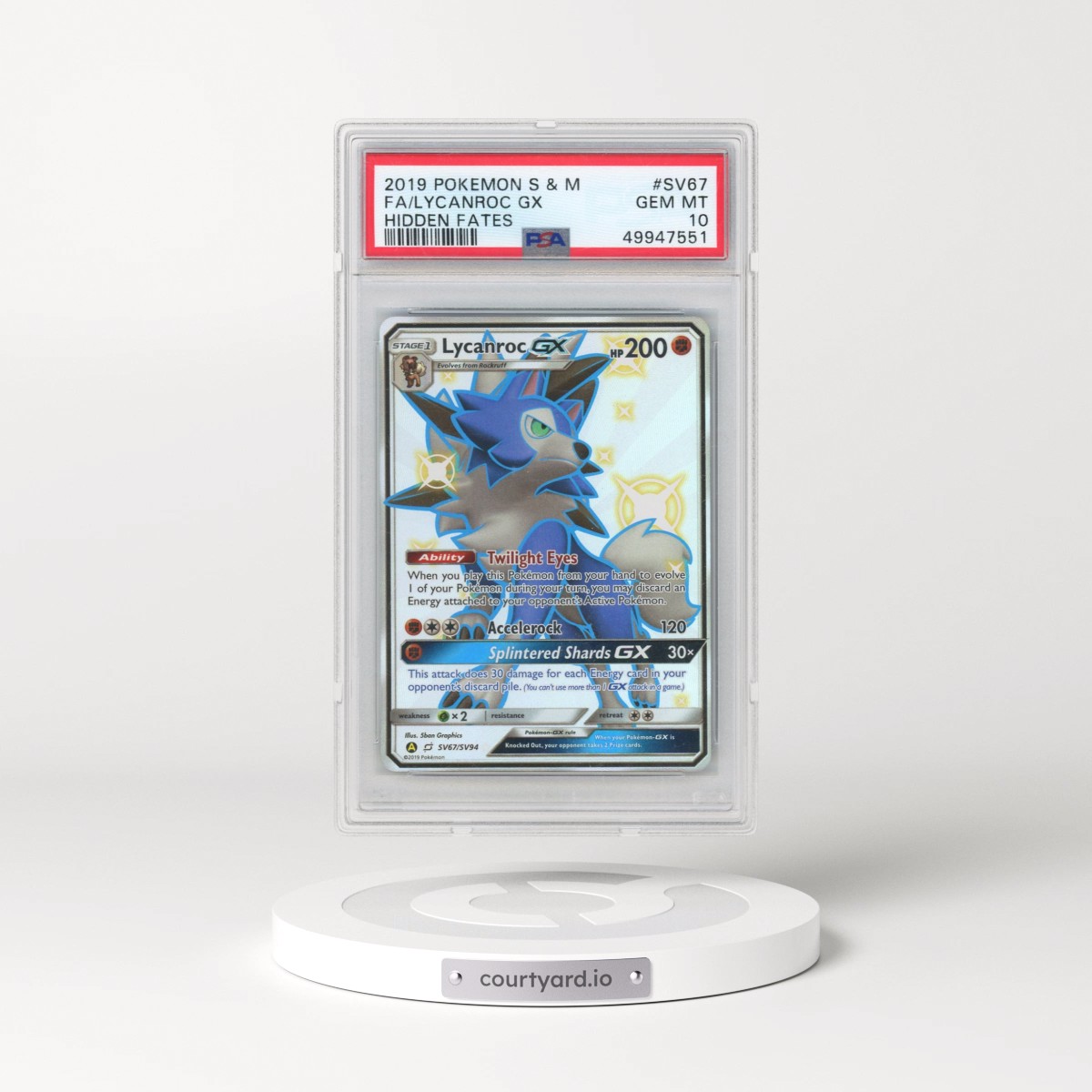 2019 Pokémon Sun & Moon Hidden Fates #SV67 Lycanroc GX - Holo Full Art (PSA 10 GEM MINT)