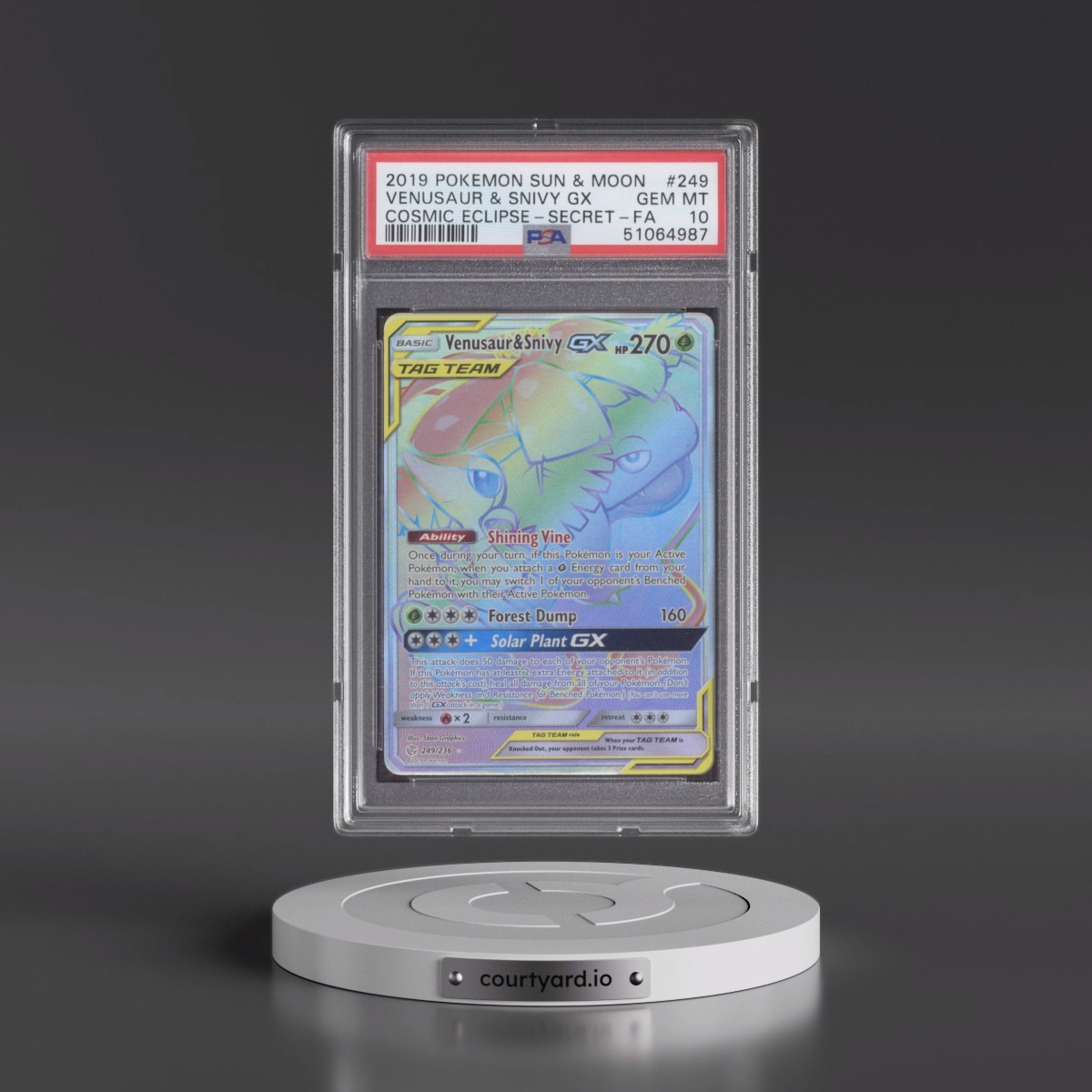 2019 Pokémon Sun & Moon Cosmic Eclipse #249 Venusaur & Snivy GX - Holo Full Art Secret (PSA 10 GEM MINT)