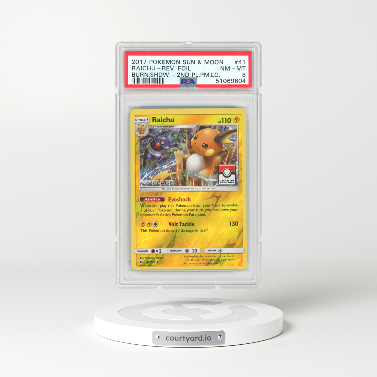 2017 Burning Shadows #41 Raichu - Holo 2nd Place Pokemon League (PSA 8 NM-MT)