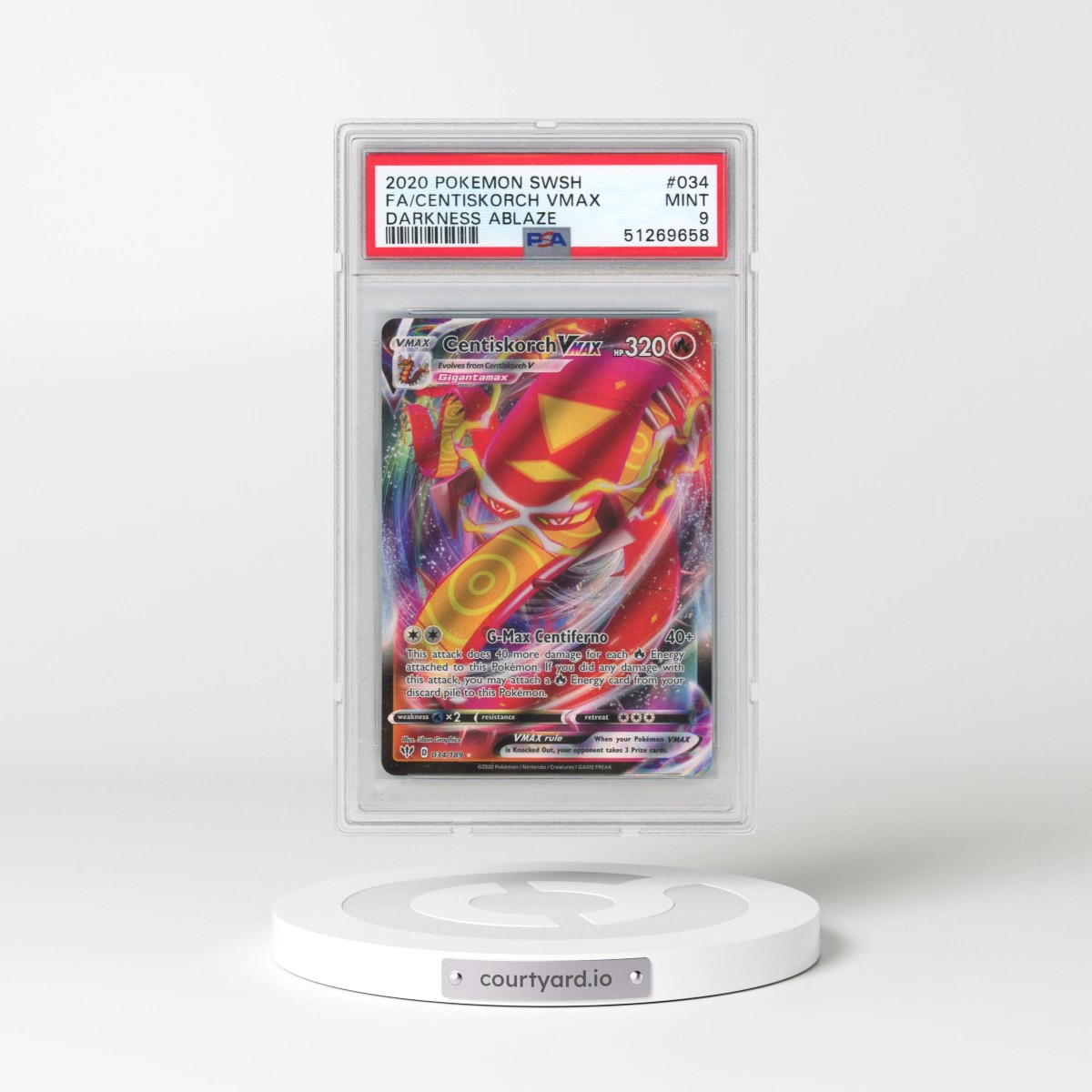 2020 Pokémon Sword & Shield Darkness Ablaze #034 Centiskorch Vmax - Full Art (PSA 9 MINT)