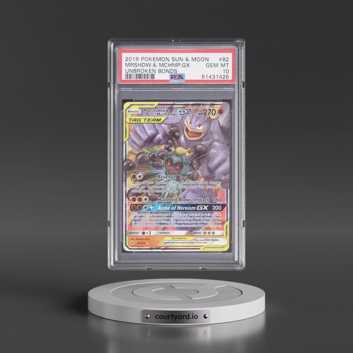 2019 Pokémon Sun & Moon Unbroken Bonds #82 Marshadow & Machamp GX - Holo (PSA 10 GEM MINT)