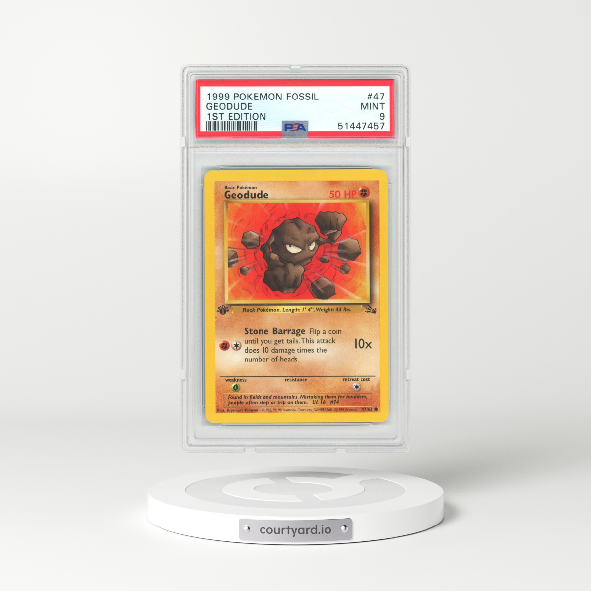 1999 Fossil #47 Geodude - 1st Edition (PSA 9 MINT)