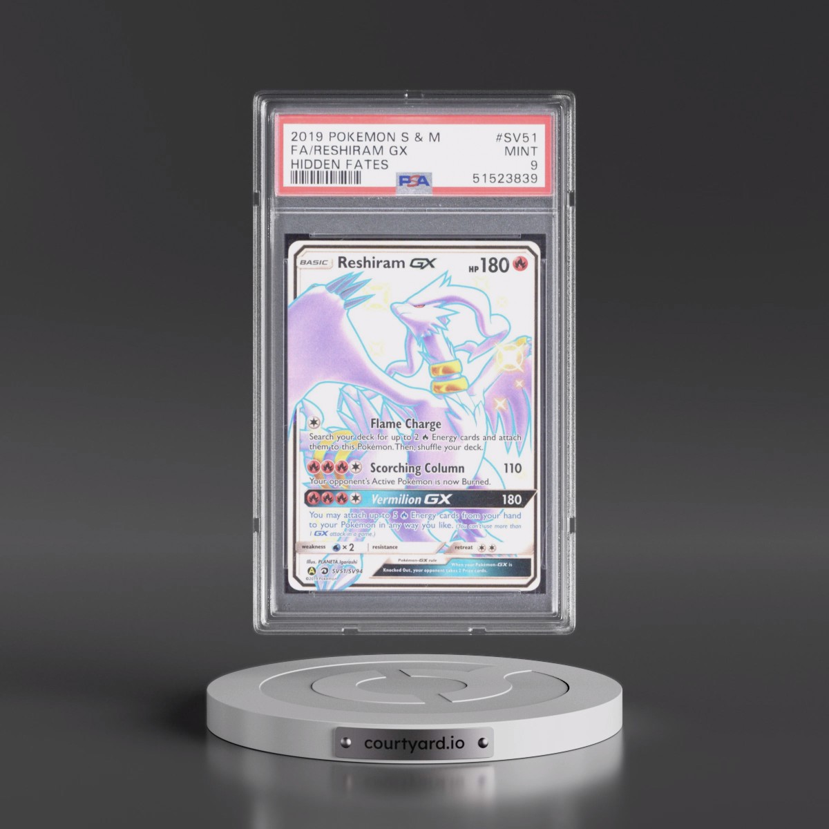 2019 Pokémon Sun & Moon Hidden Fates #SV51 Reshiram GX - Holo Full Art (PSA 9 MINT)