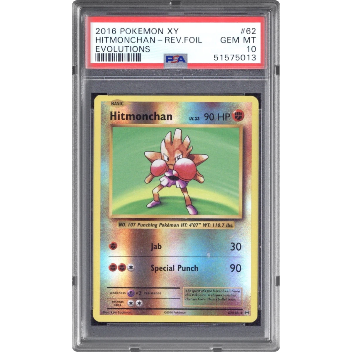 2016 Pokémon XY Evolutions #62 Hitmonchan - Reverse Foil, PSA 10
