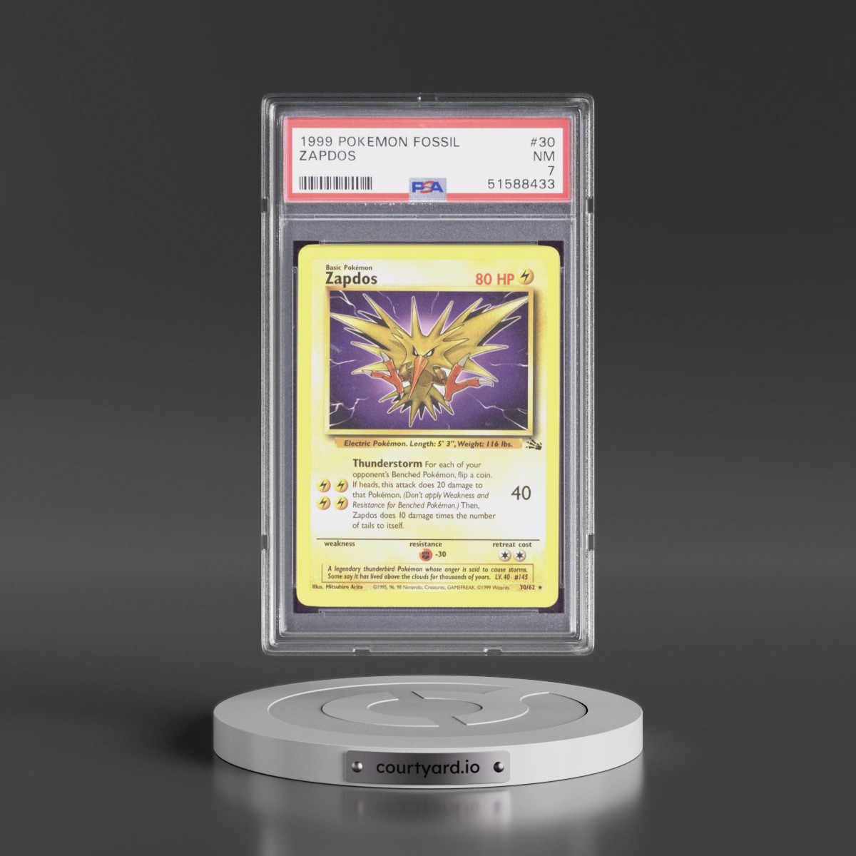 1999 Pokémon Fossil #30 Zapdos (PSA 7 NM)