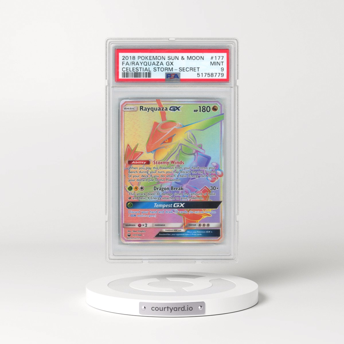 2018 Pokémon Sun & Moon Celestial Storm #177 Rayquaza GX - Holo Full Art Secret (PSA 9 MINT)