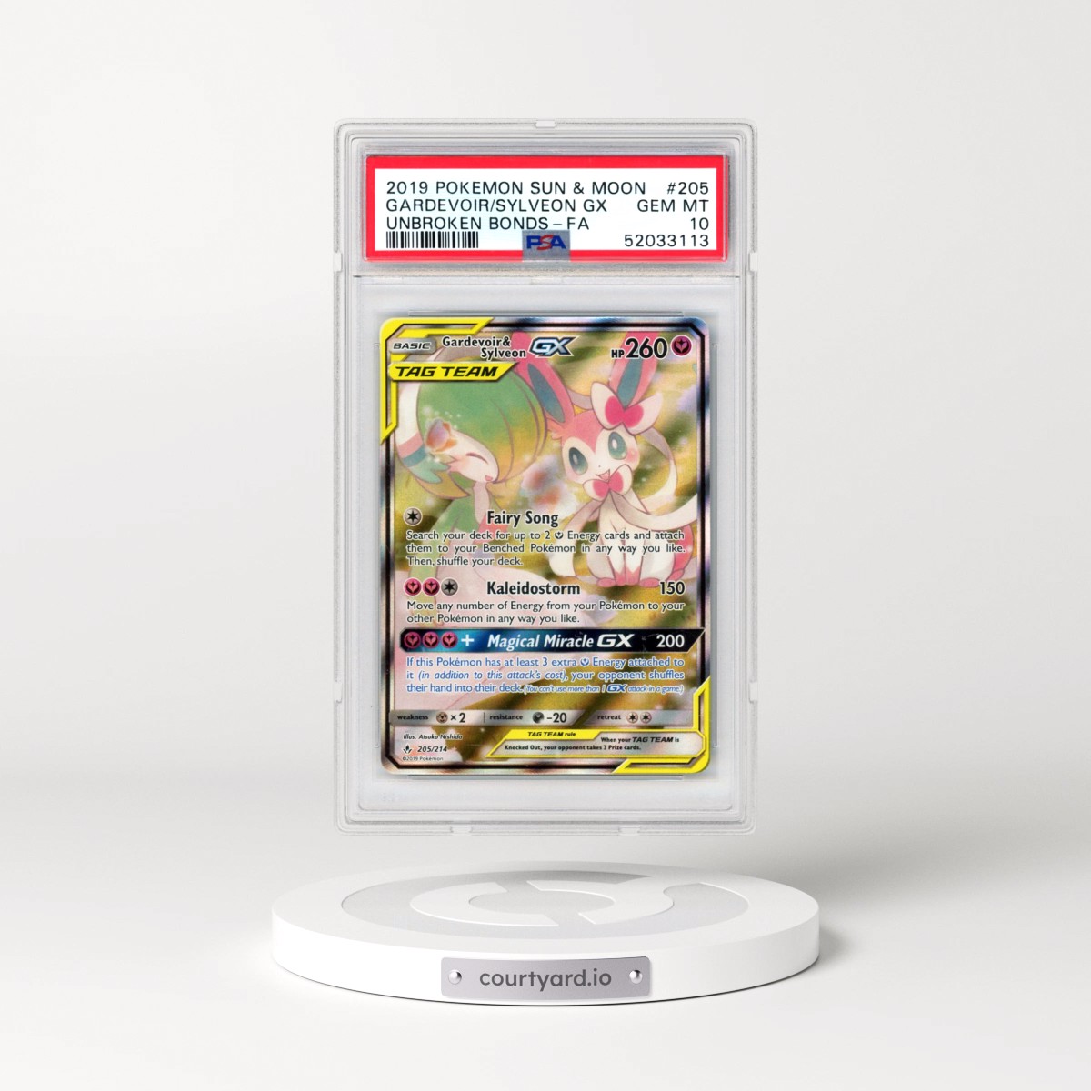 2019 Pokémon Sun & Moon Unbroken Bonds #205 Gardevoir & Sylveon GX - Holo Full Art (PSA 10 GEM MINT)