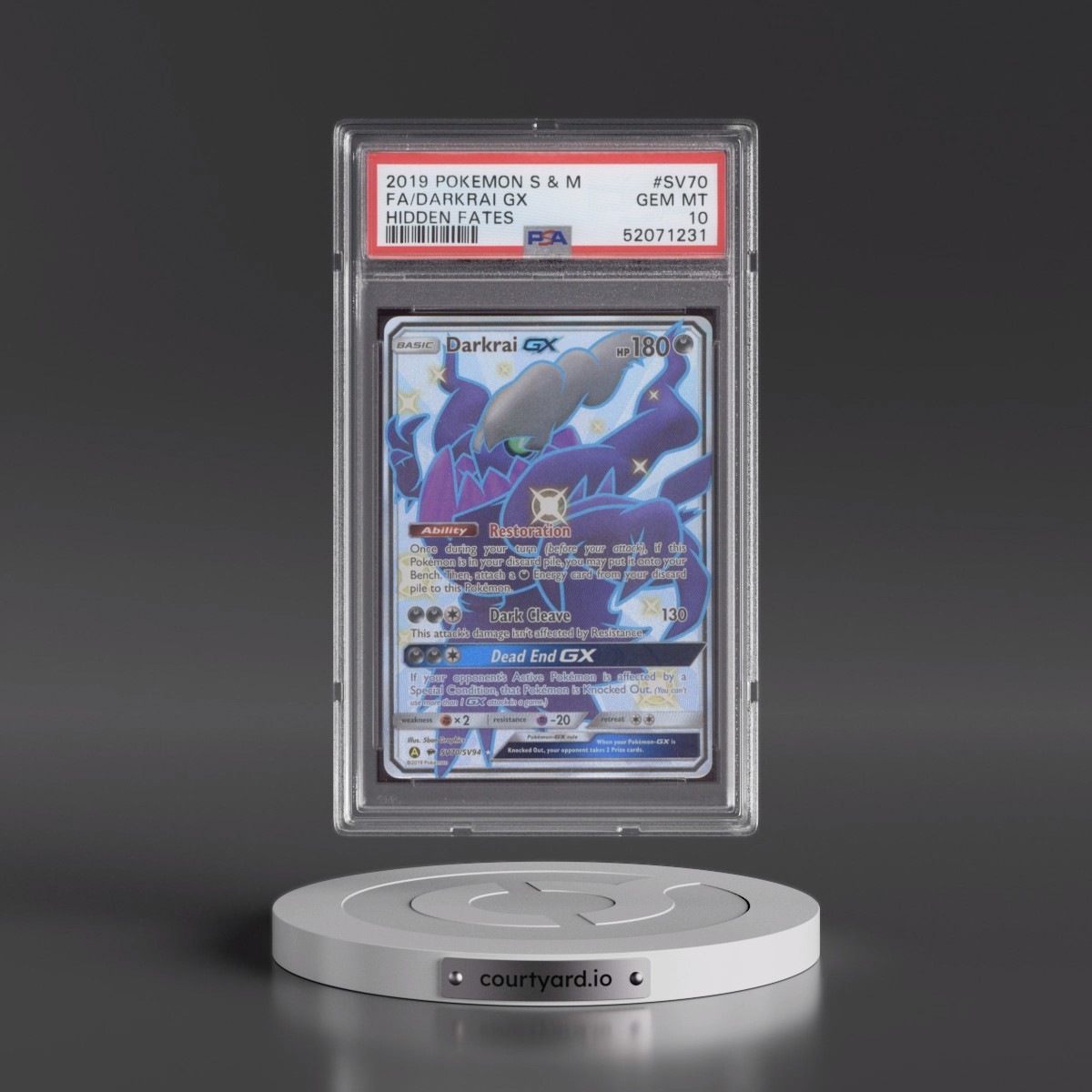 2019 Pokémon Sun & Moon Hidden Fates #SV70 Darkrai GX - Holo Full Art (PSA 10 GEM MINT)