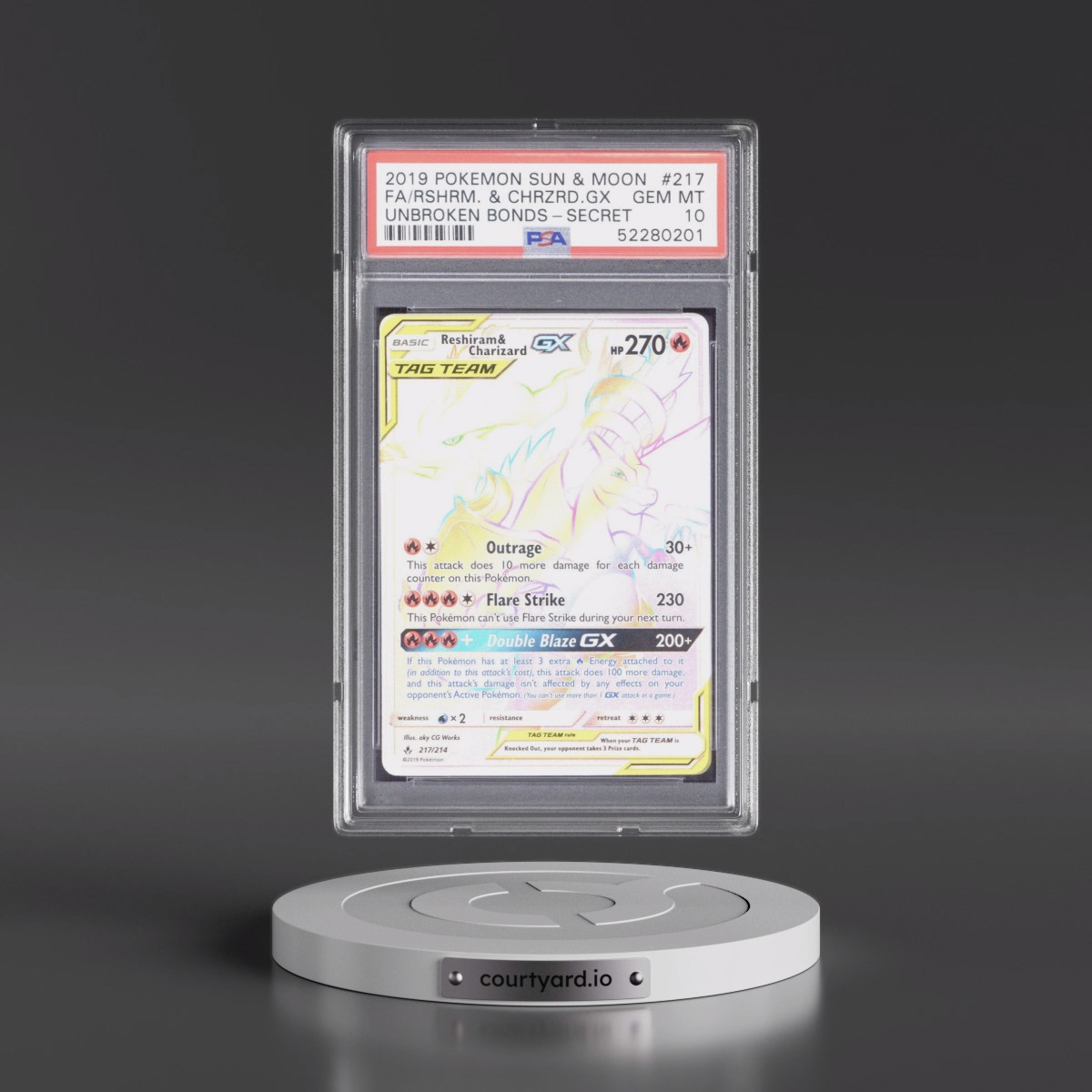 2019 Pokémon Sun & Moon Unbroken Bonds #217 Reshiram & Charizard GX - Holo Full Art Secret (PSA 10 GEM MINT)