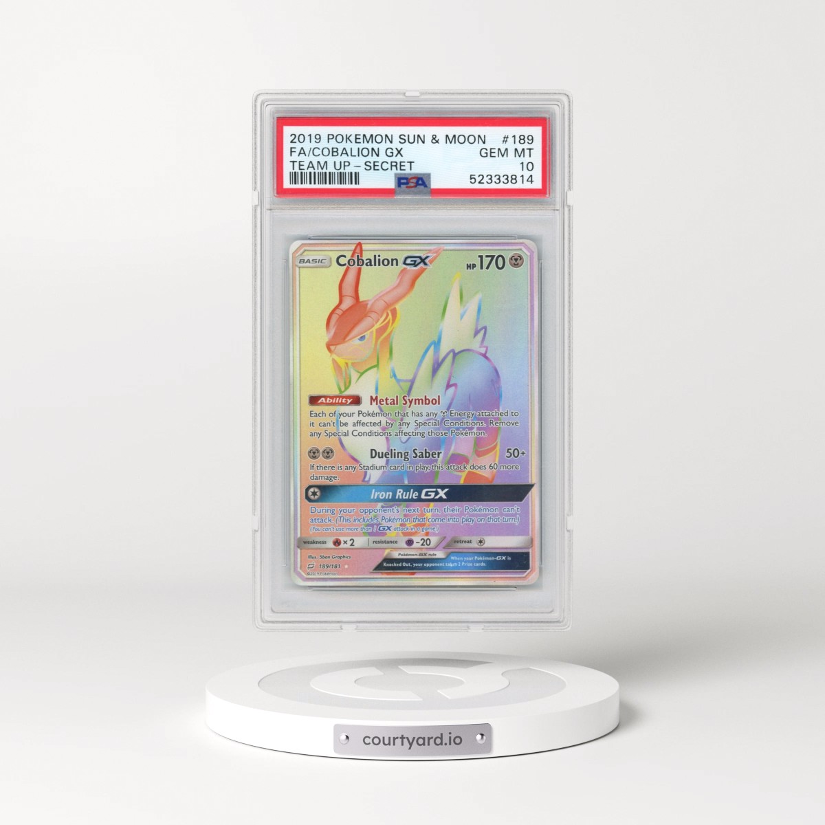 2019 Pokémon Sun & Moon Team Up #189 Cobalion GX - Holo Full Art Secret (PSA 10 GEM MINT)