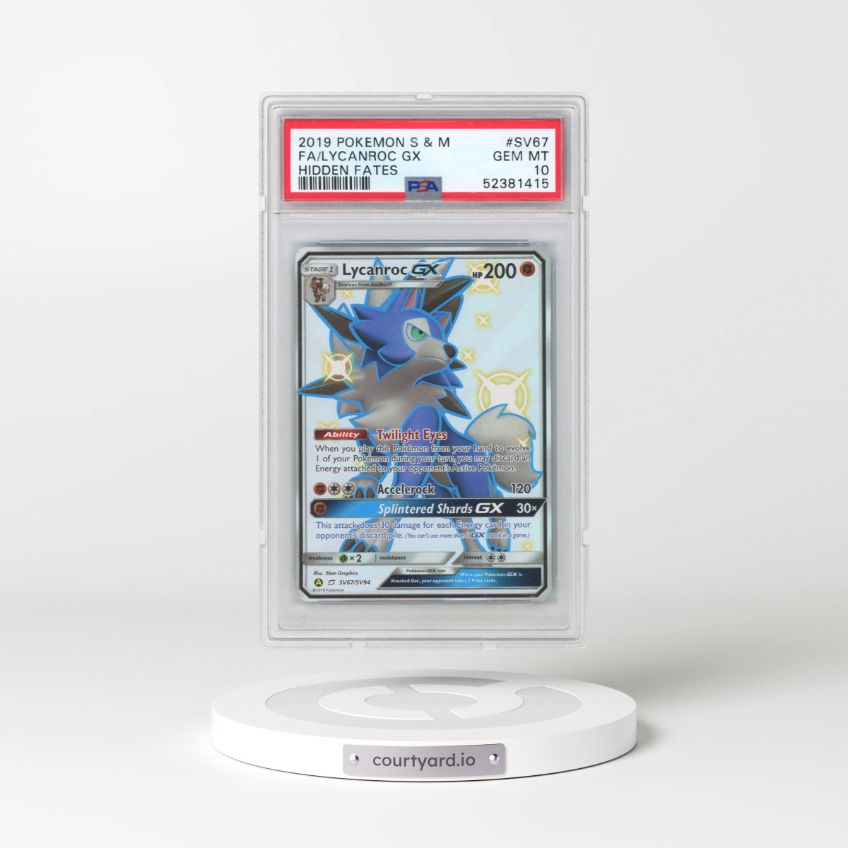 2019 Pokémon Sun & Moon Hidden Fates #SV67 Lycanroc GX - Holo Full Art (PSA 10 GEM MINT)