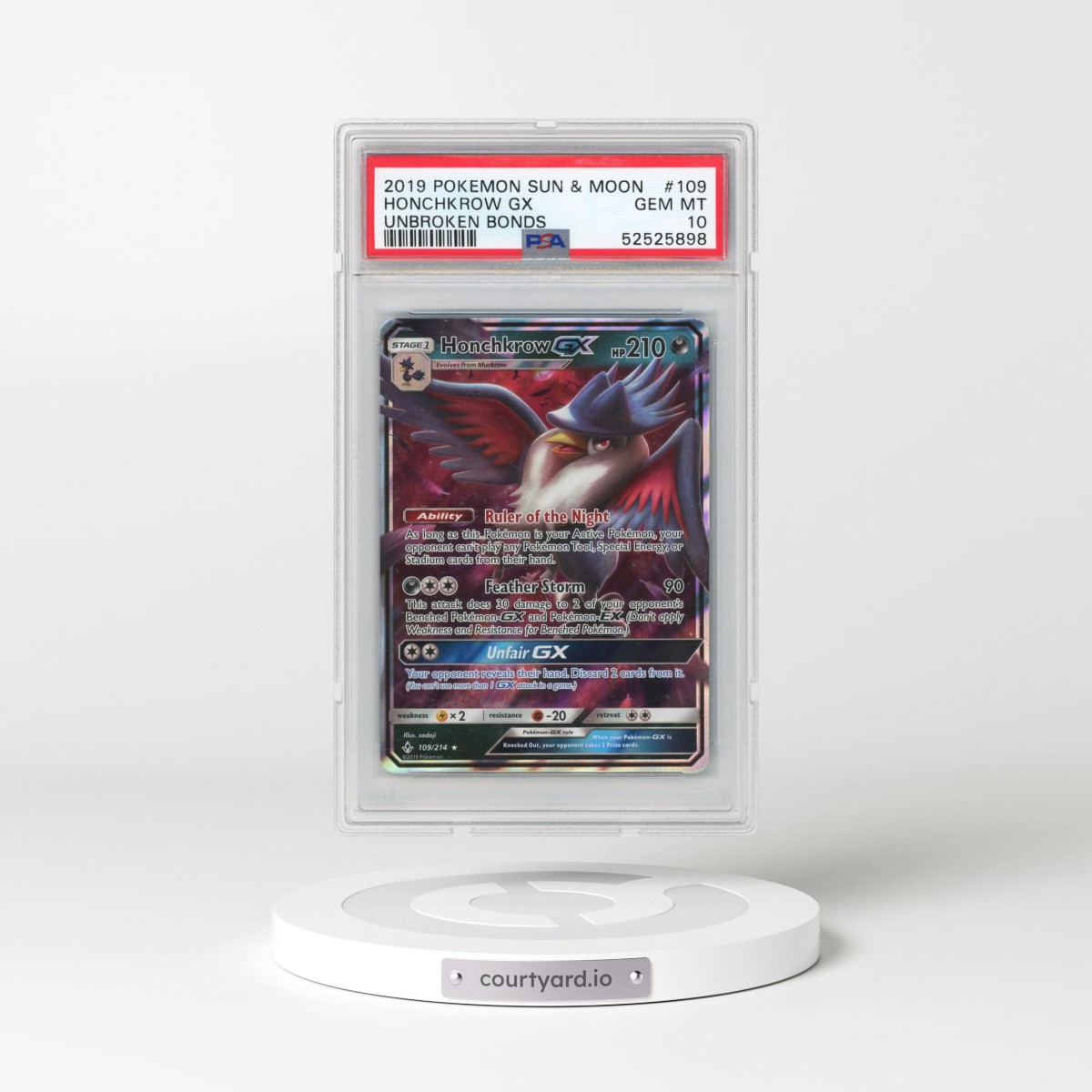 2019 Pokémon Sun & Moon Unbroken Bonds #109 Honchkrow GX - Holo (PSA 10 GEM MINT)