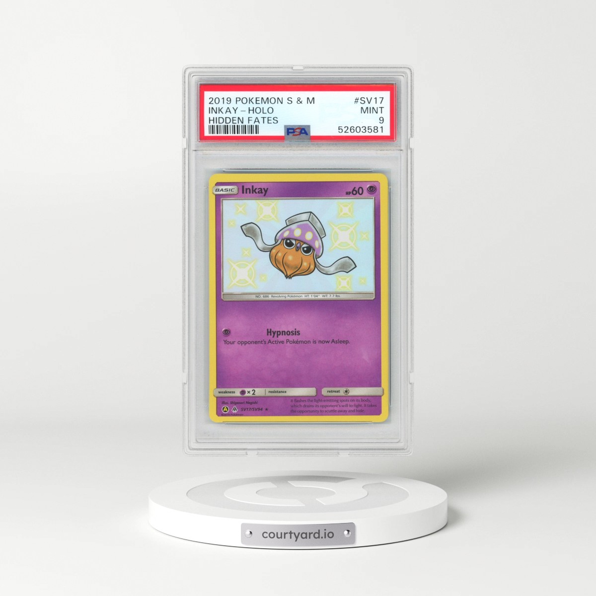 2019 Pokémon Sun & Moon Hidden Fates #SV17 Inkay - Holo (PSA 9 MINT)