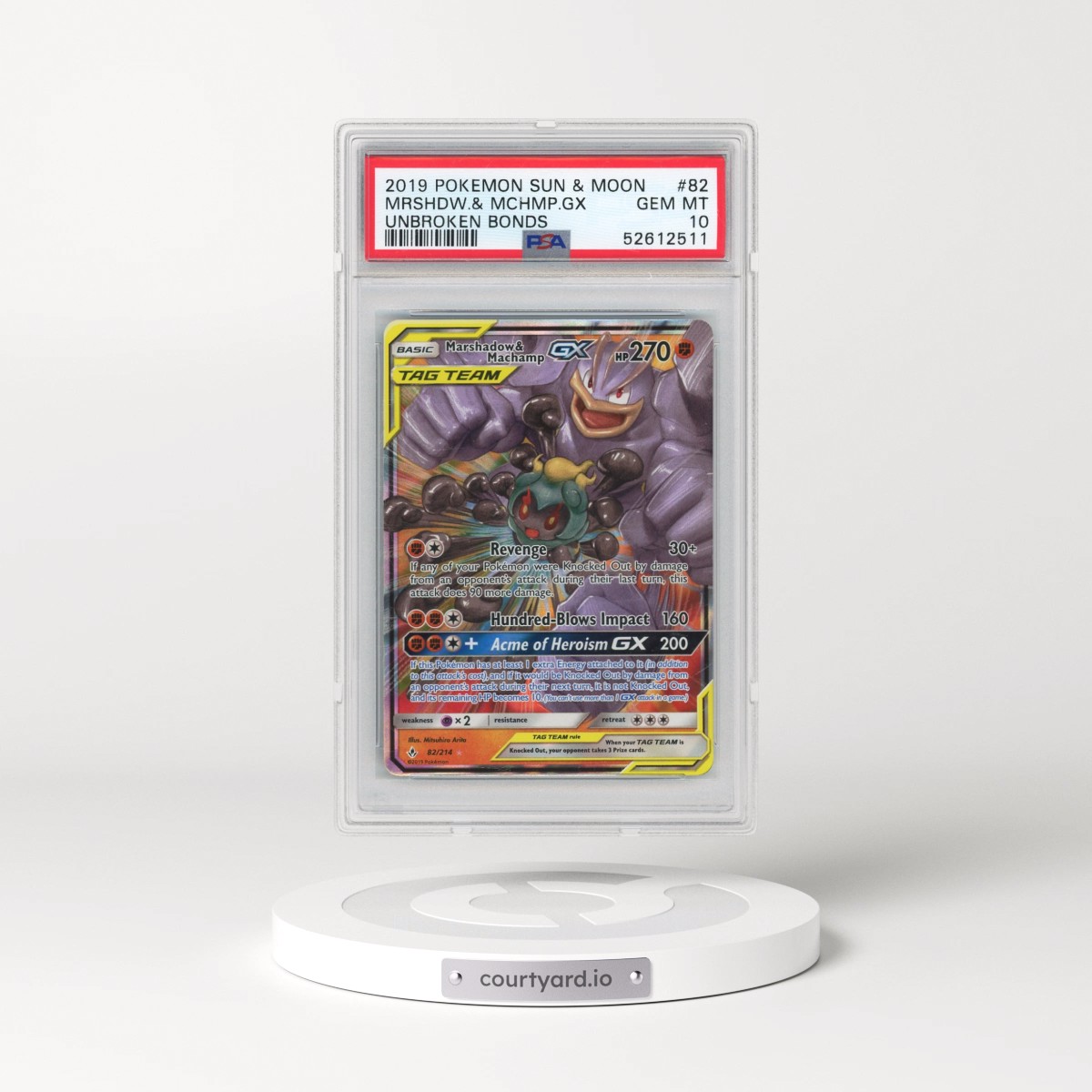 2019 Pokémon Sun & Moon Unbroken Bonds #82 Marshadow & Machamp GX - Holo (PSA 10 GEM MINT)