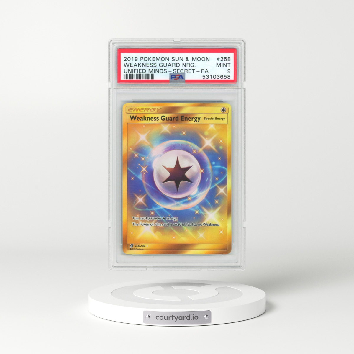 2019 Pokémon Sun & Moon Unified Minds #258 Weakness Guard Energy - Full Art Secret (PSA 9 MINT)