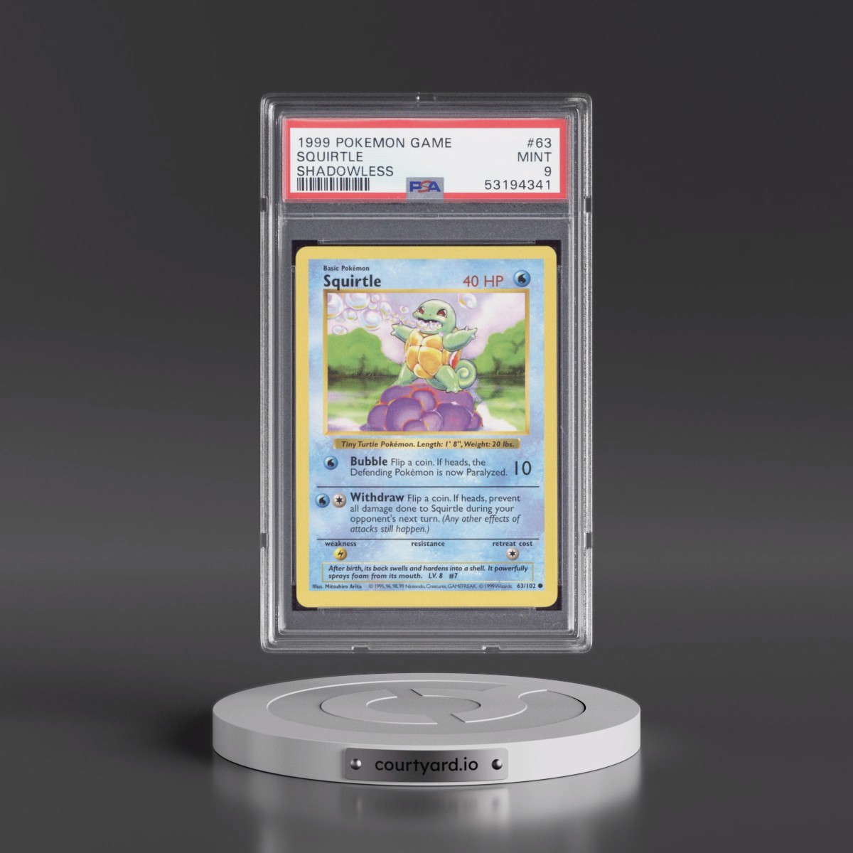1999 Pokémon Game #63 Squirtle - Shadowless (PSA 9 MINT)