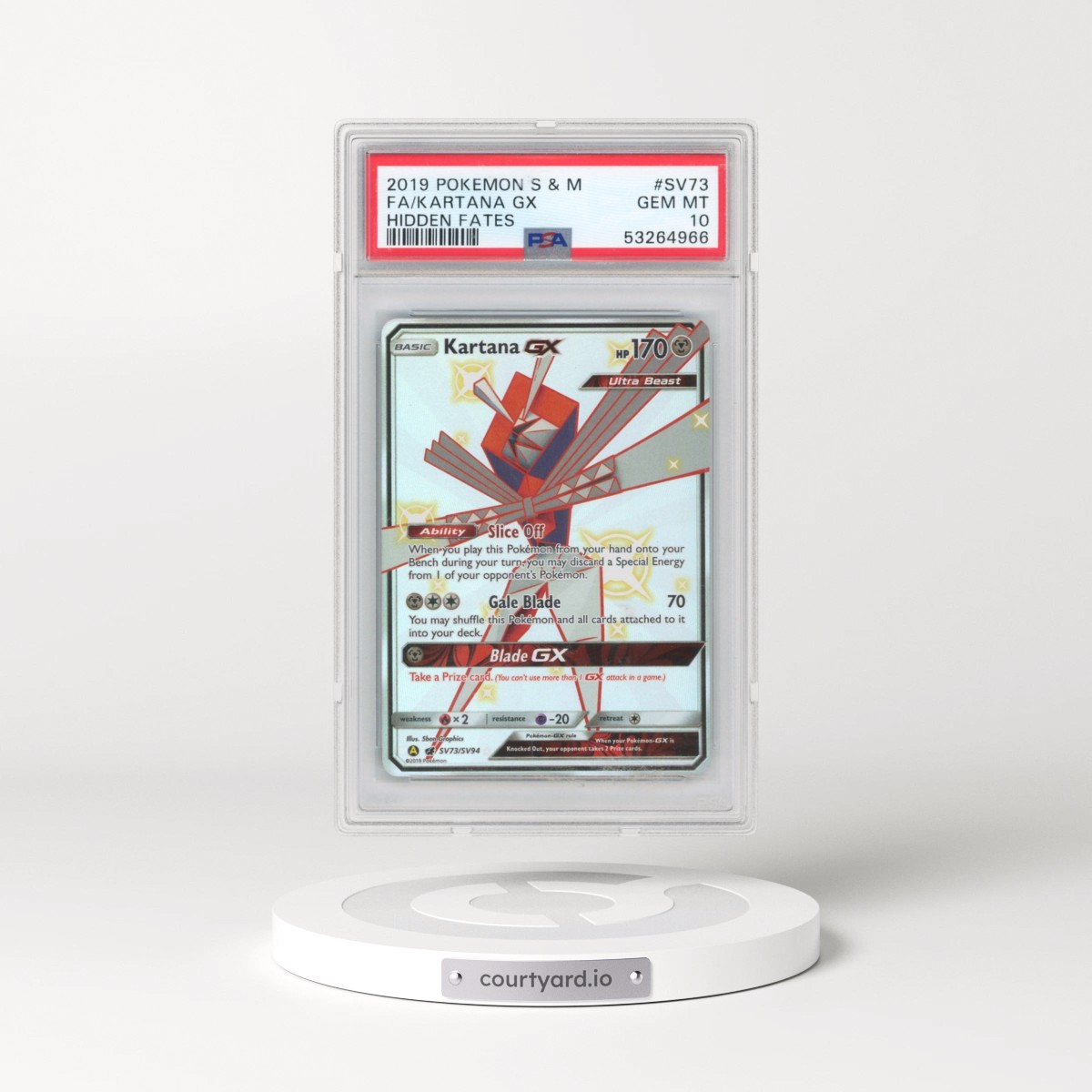 2019 Pokémon Sun & Moon Hidden Fates #SV73 Kartana GX - Holo Full Art (PSA 10 GEM MINT)