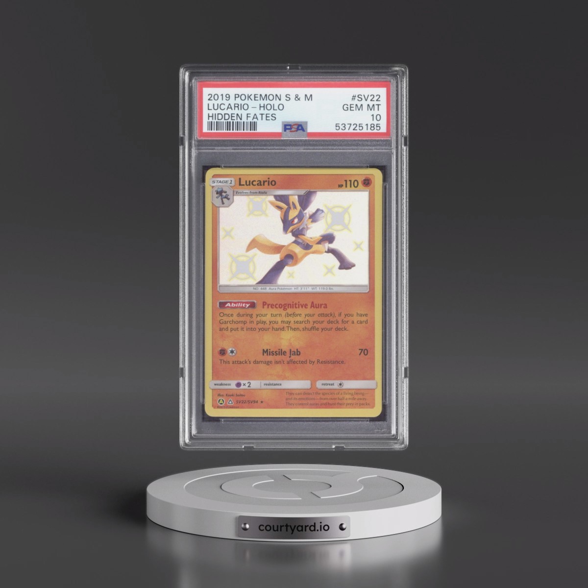 2019 Hidden Fates #SV22 Lucario - Holo (PSA 10 GEM MINT)