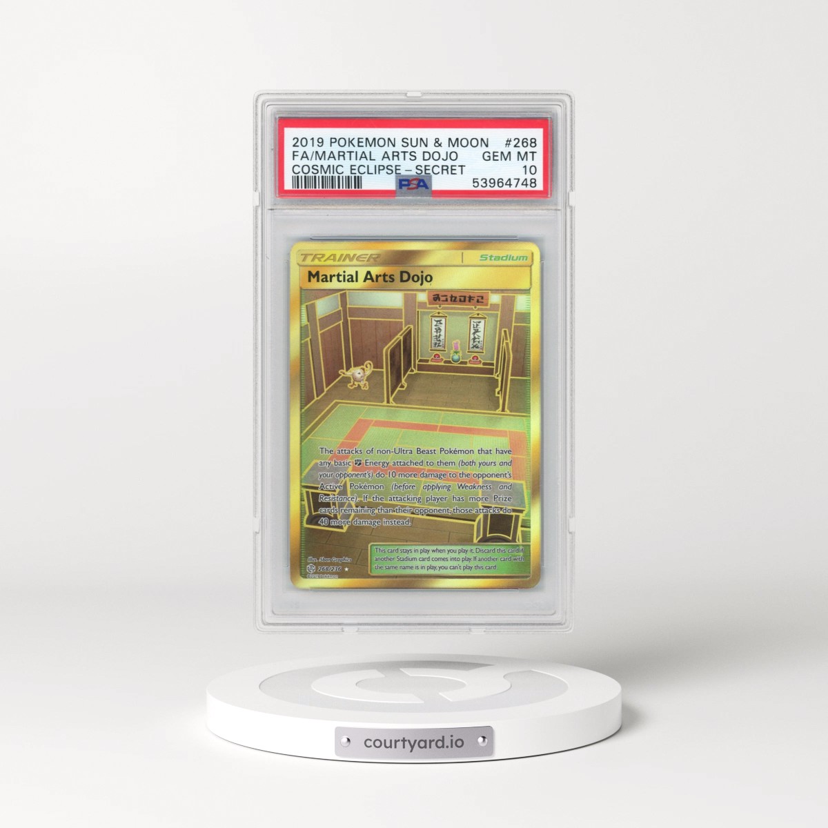 2019 Pokémon Sun & Moon Cosmic Eclipse #268 Martial Arts Dojo - Full Art Secret (PSA 10 GEM MINT)