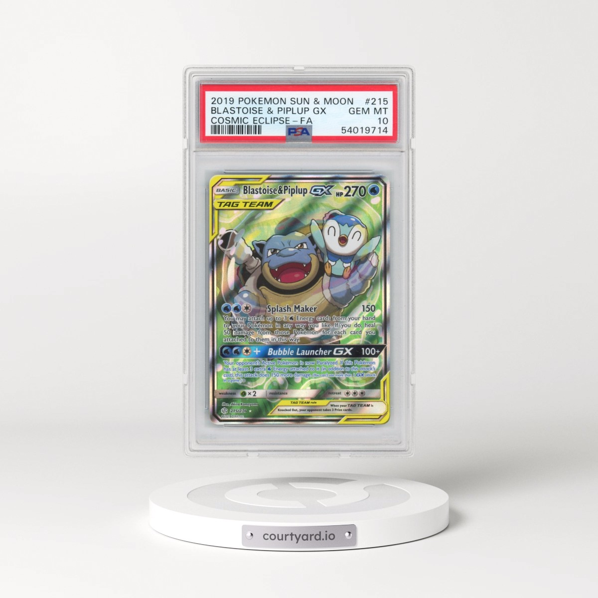 2019 Pokémon Sun & Moon Cosmic Eclipse #215 Blastoise & Piplup GX - Holo Full Art (PSA 10 GEM MINT)