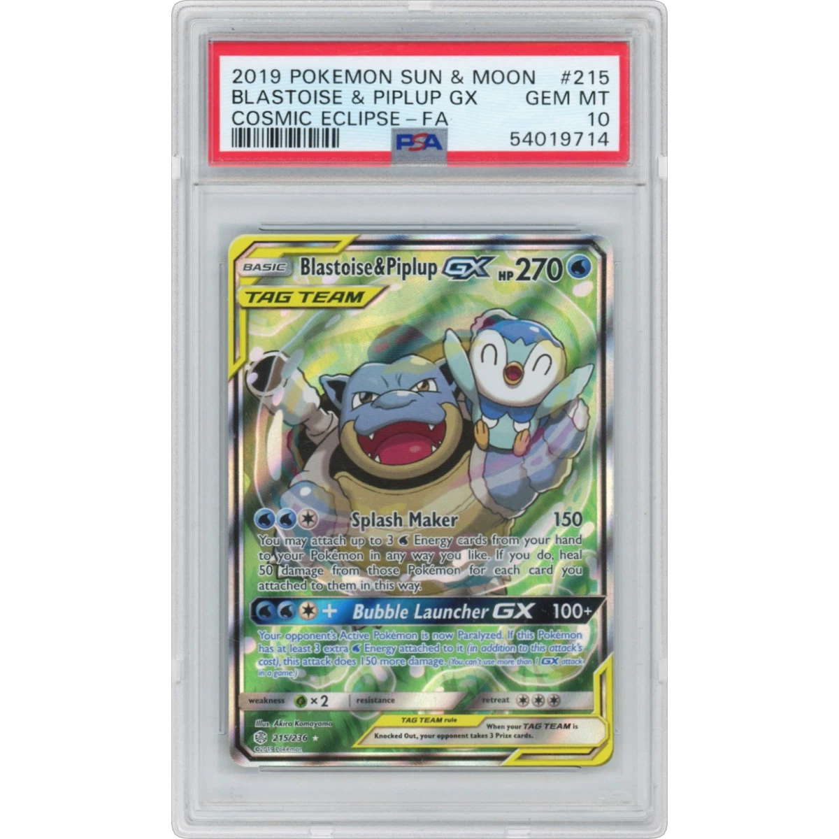 2019 Pokémon Sun & Moon Cosmic Eclipse #215 Blastoise & Piplup GX - Holo Full Art (PSA 10 GEM MINT)