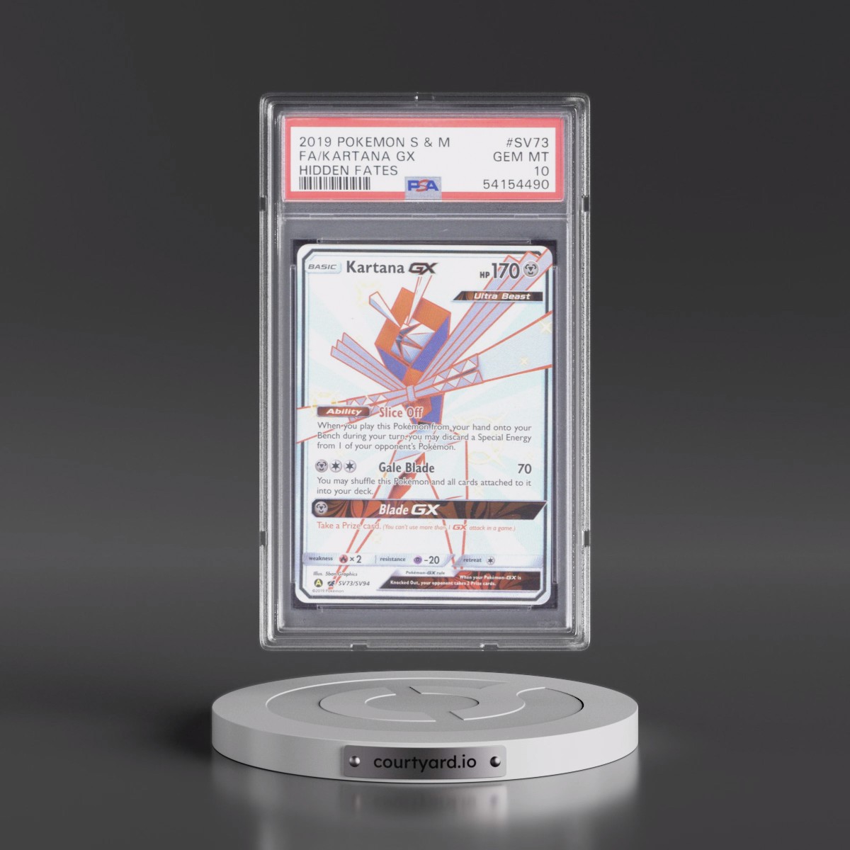 2019 Pokémon Sun & Moon Hidden Fates #SV73 Kartana GX - Holo Full Art (PSA 10 GEM MINT)