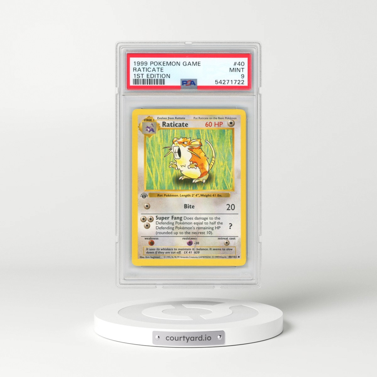1999 Pokémon Game #40 Raticate - 1st Edition (PSA 9 MINT)