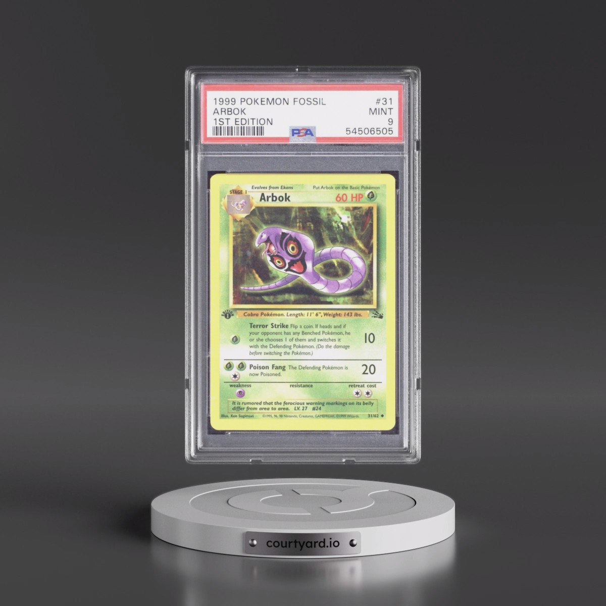 1999 Pokémon Fossil #31 Arbok - 1st Edition (PSA 9 MINT)