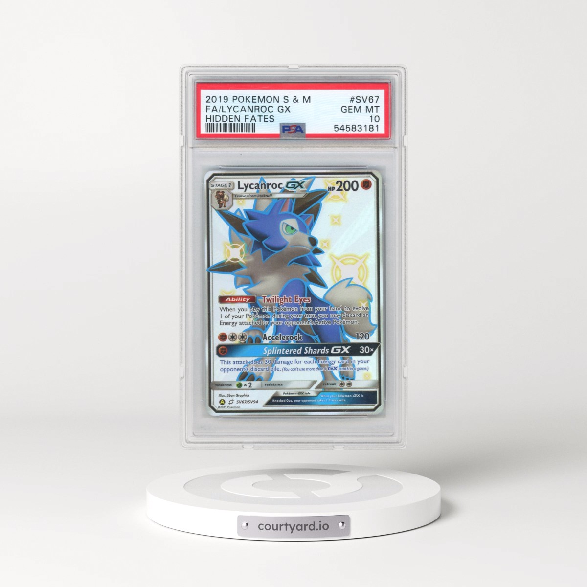 2019 Pokémon Sun & Moon Hidden Fates #SV67 Lycanroc GX - Holo Full Art (PSA 10 GEM MINT)