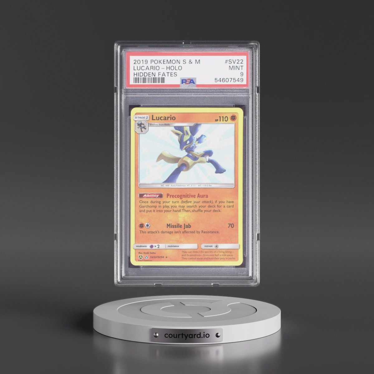 2019 Pokémon Sun & Moon Hidden Fates #SV22 Lucario - Holo (PSA 9 MINT)