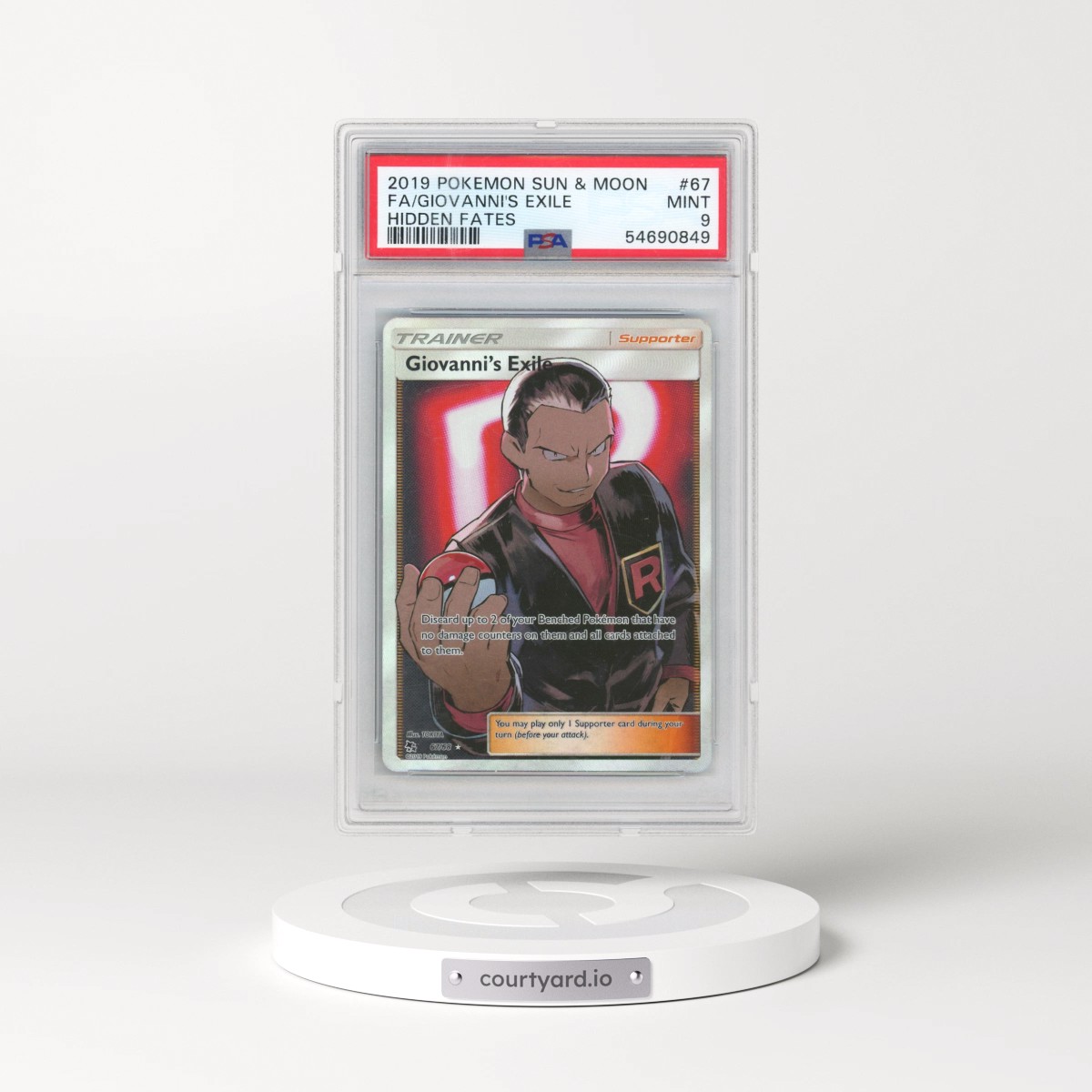 2019 Pokémon Sun & Moon Hidden Fates #67 Giovanni's Exile - Full Art (PSA 9 MINT)