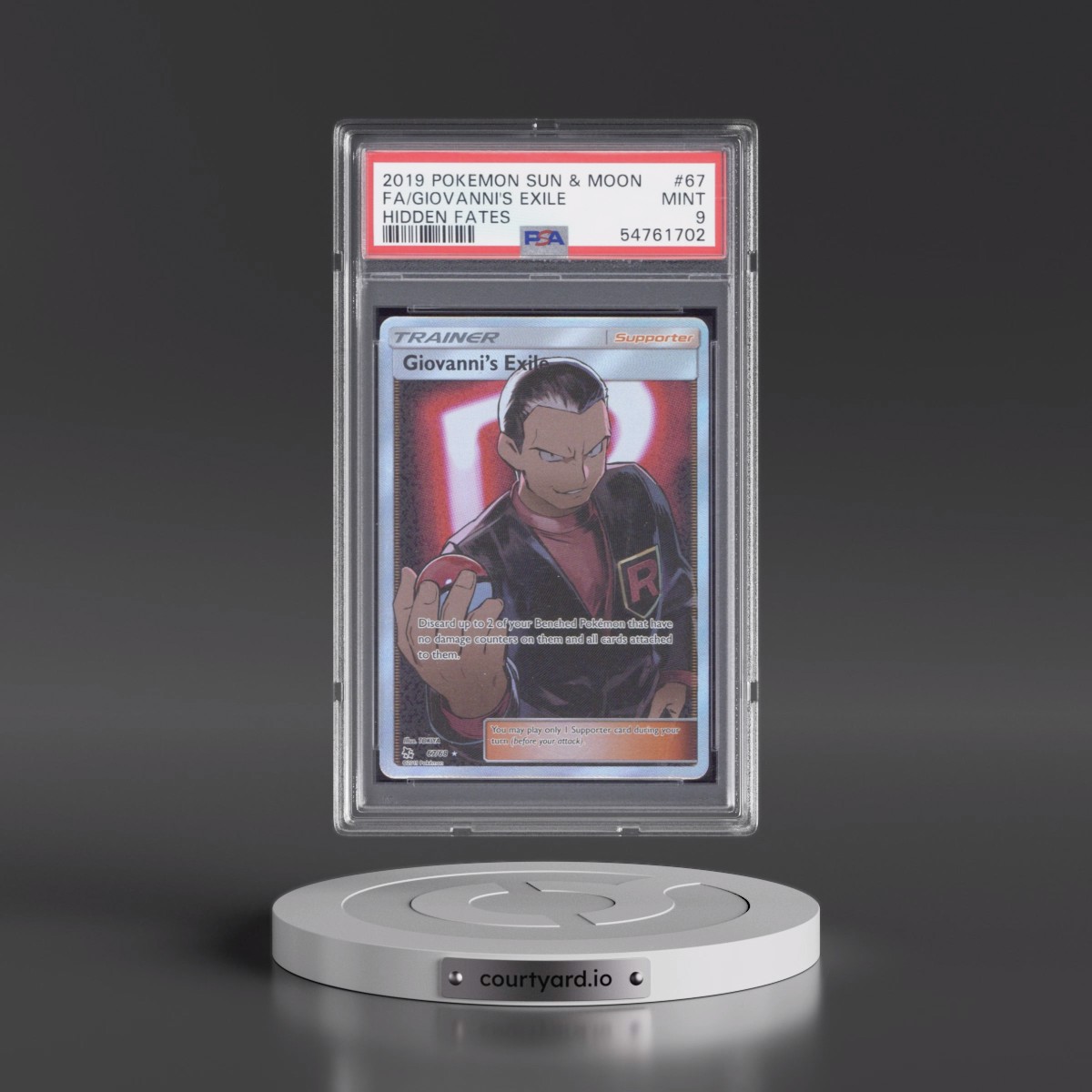 2019 Pokémon Sun & Moon Hidden Fates #67 Giovanni's Exile - Full Art (PSA 9 MINT)