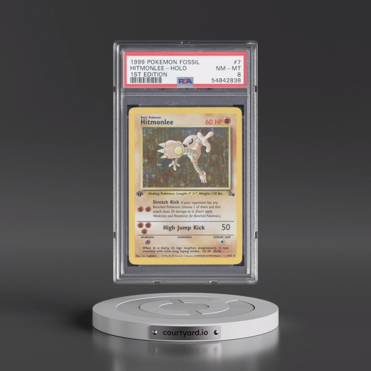 1999 Pokémon Fossil #7 Hitmonlee - 1st Edition Holo (PSA 8 NM-MT)