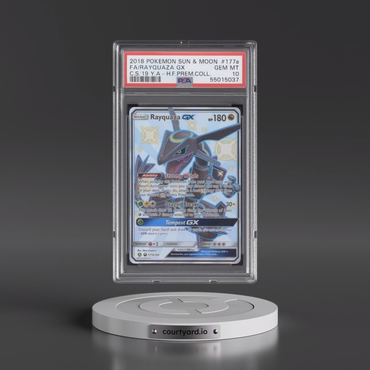 2018 Pokémon Sun & Moon Celestial Storm #177a Rayquaza GX - Holo Full Art 2019 Yellow A Hidden Fates Premium Collection (PSA 10 GEM MINT)