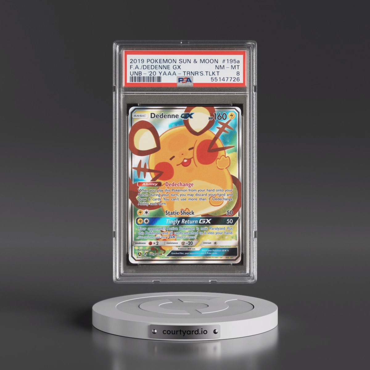 2019 Pokémon Sun & Moon Unbroken Bonds #195a Dedenne GX - Holo Full Art 2020 Yellow A Alternate Art Trainer's Toolkit (PSA 8 NM-MT)