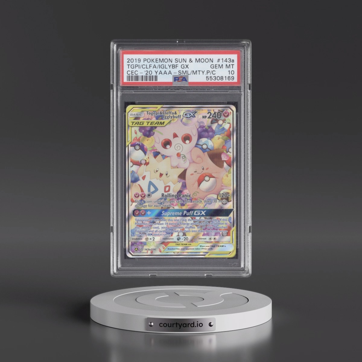 2019 Pokémon Sun & Moon Cosmic Eclipse #143a Togepi & Cleffa & Igglybuff GX - Holo 2020 Yellow A Alternate Art Small But Mighty Premium Collection (PSA 10 GEM MINT)