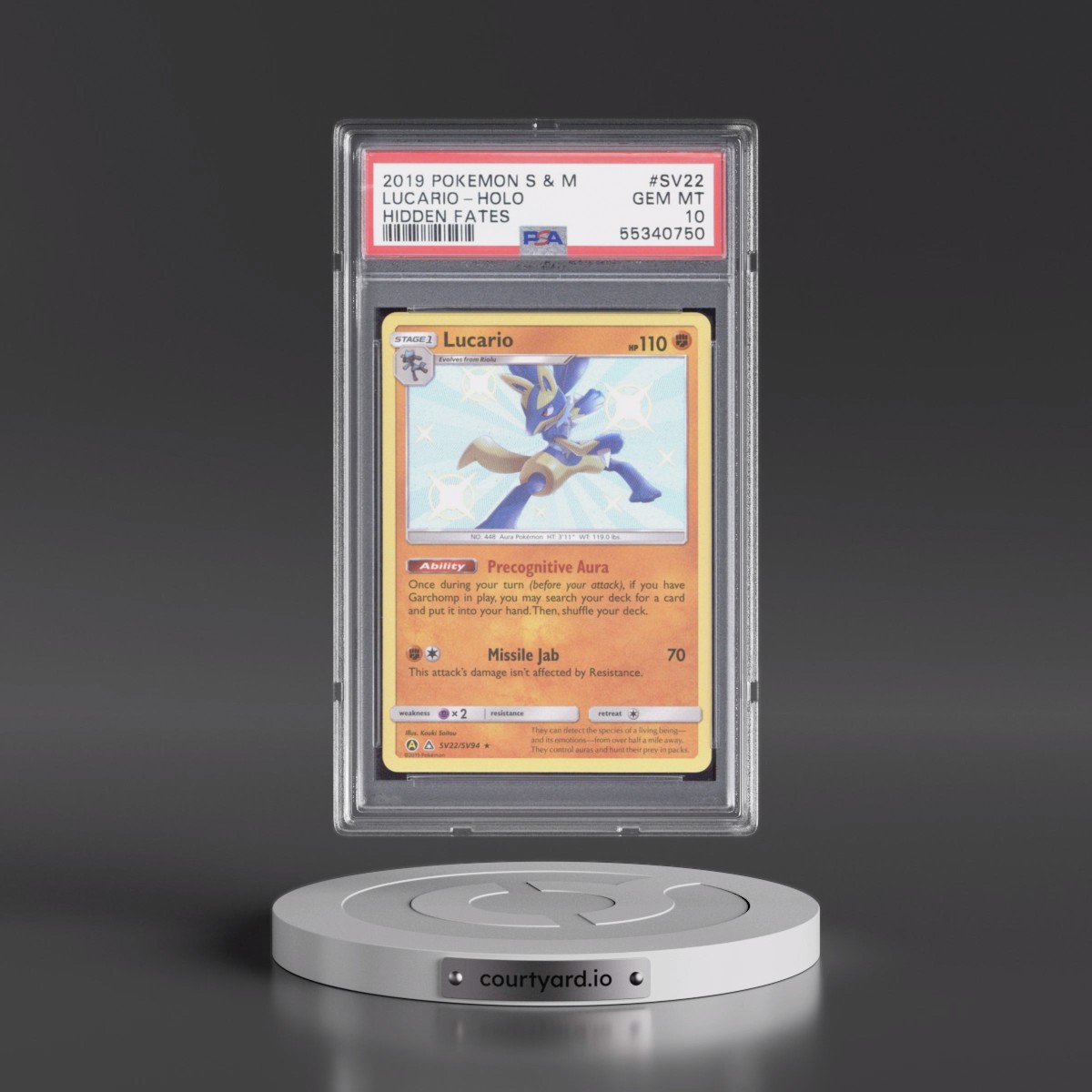 2019 Pokémon Sun & Moon Hidden Fates #SV22 Lucario - Holo (PSA 10 GEM MINT)
