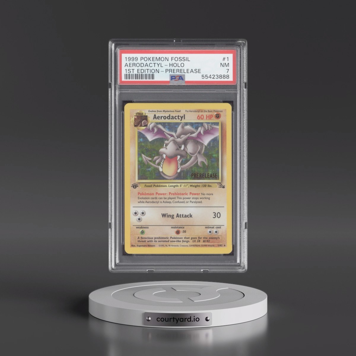 1999 Pokémon Fossil #1 Aerodactyl - 1st Edition Holo Prerelease (PSA 7 NM)