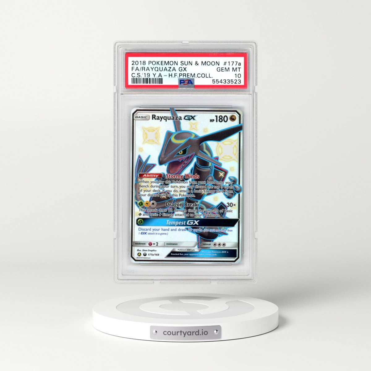 2018 Pokémon Sun & Moon Celestial Storm #177a Rayquaza GX - Holo Full Art 2019 Yellow A Hidden Fates Premium Collection (PSA 10 GEM MINT)