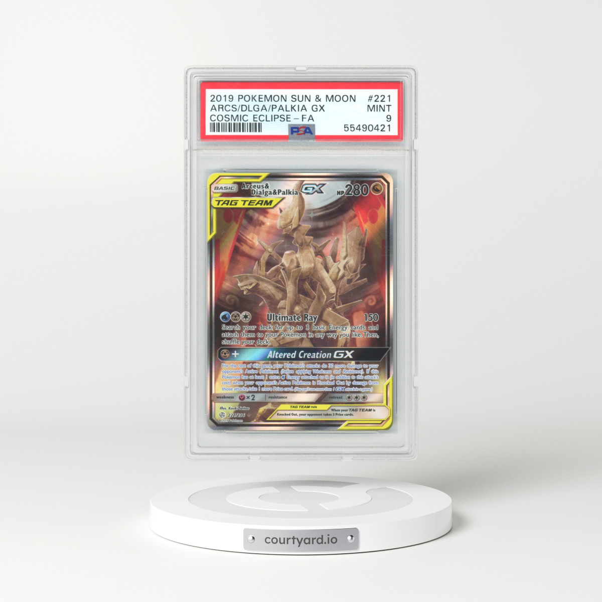 2019 Cosmic Eclipse #221 Arceus & Dialga & Palkia GX - Full Art Holo (PSA 9 MINT)